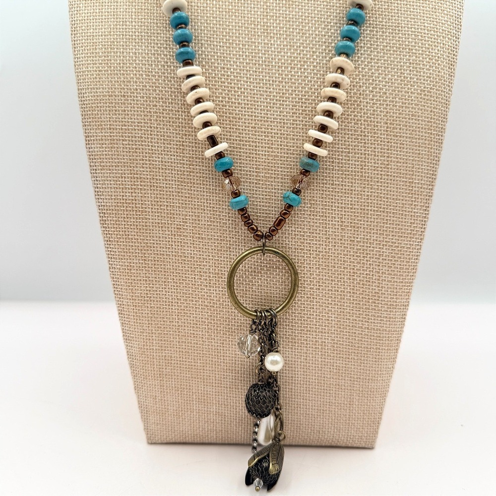 Vintage Y2K Bronze Tone Beaded Charm Pendant‎ Boho Necklace Women's Jewelry